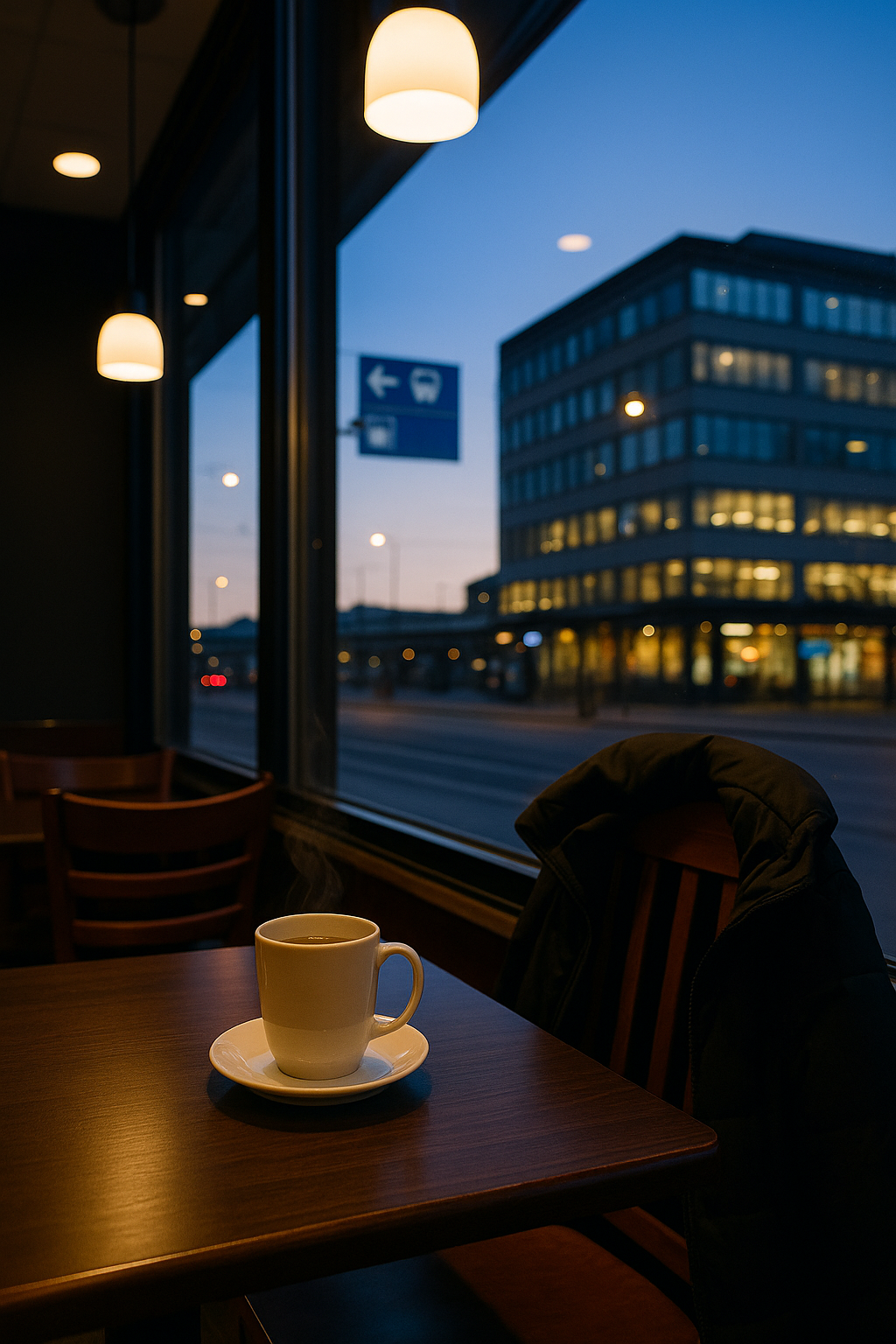 Small Stockholm café interior at dawn with a coffee cup and scarf