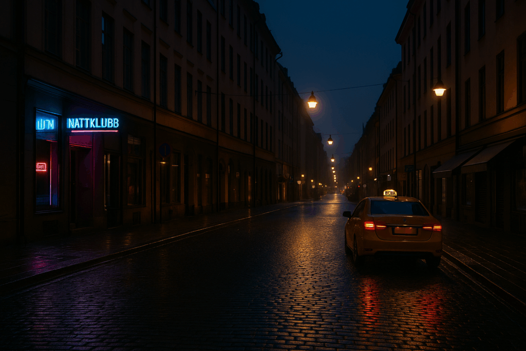 Quiet Stockholm street before sunrise with wet cobblestones