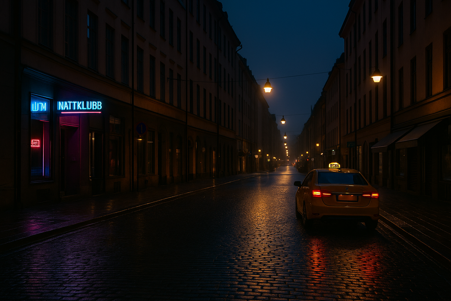 Quiet Stockholm street before sunrise with wet cobblestones